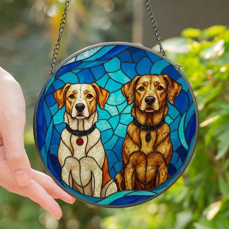 Dog Lovers' Radiant Tiffany Stained Glass Mosaic Two Expressive Dogs Vibrant Blue Orange Golden Brown Jewel Tones Stained Glass Suncatcher - 1