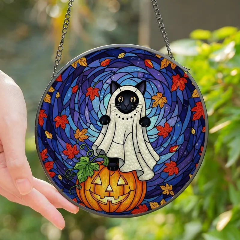Halloween Cat Lovers' Whimsical Ghost Cat Pumpkin Tiffany Stained Glass Art Mosaic Vibrant Orange Emerald Green Stained Glass Suncatcher - 1