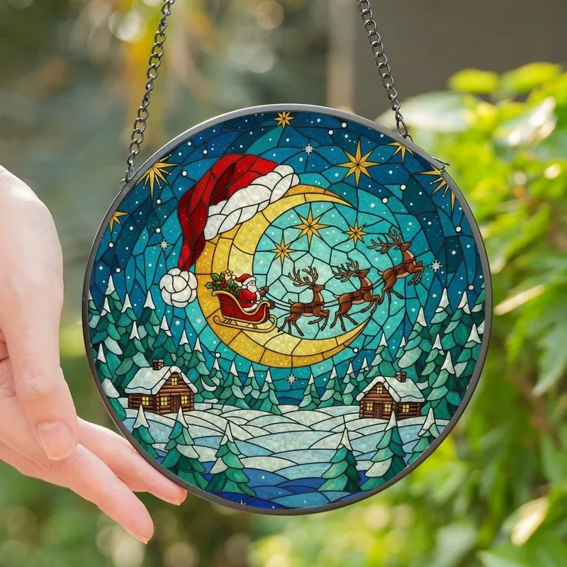 Holiday Art Enthusiasts' Tiffany Stained Glass Santa Moon Sleigh Snowy Village Jewel Tone Indigo Teal Crimson Gold Mosaic Stained Glass Suncatcher - 1