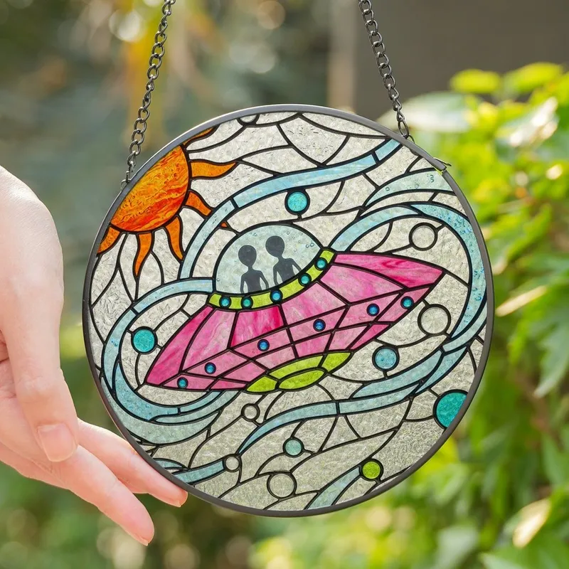 Sci-Fi Enthusiasts' Tiffany Glass UFO Alien Iridescent Pink Blue Orange Green Mosaic Edge-to-Edge Stained Glass Suncatcher - 1