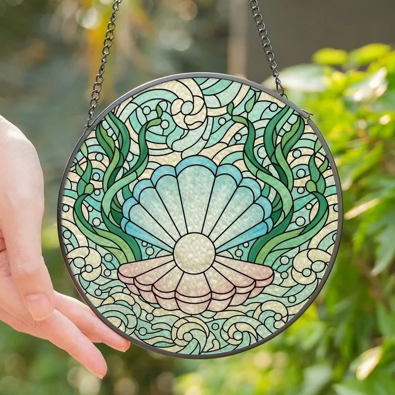 Ocean Enthusiasts' Tiffany Stained Glass Seashell Pearl Intricate Ocean Wave Mosaic Light Blue Pastel Pink Teal Green Stained Glass Suncatcher - 1