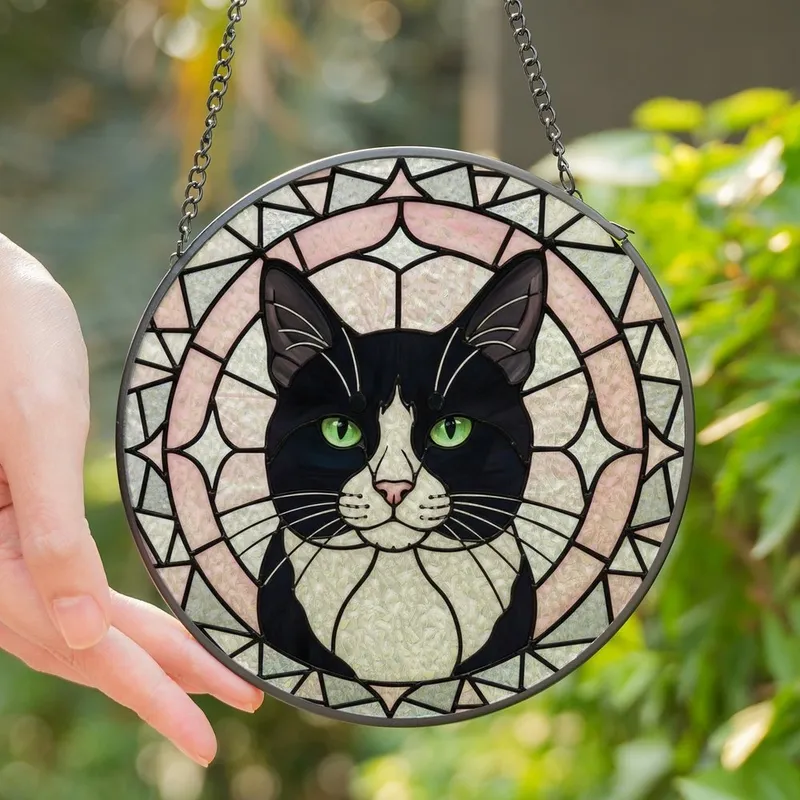 Cat Lovers' Stained Glass Tuxedo Cat Portrait Bright Green Eyes Iridescent Pink Gray Mosaic Stained Glass Suncatcher - 1