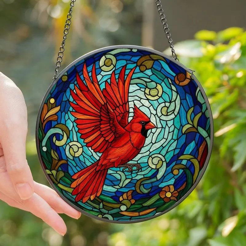Nature Lovers' Fiery Red Cardinal Mid-Flight Tiffany Stained Glass Orange Gold Botanical Mosaic Stained Glass Suncatcher - 1