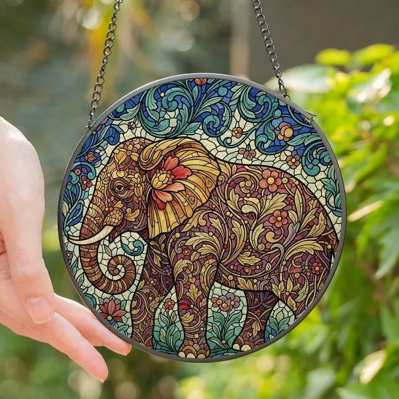 Art Enthusiasts' Majestic Stained Glass Elephant Intricate Floral Mosaic Jewel Tone Stained Glass Suncatcher - oxEAcnkIGc