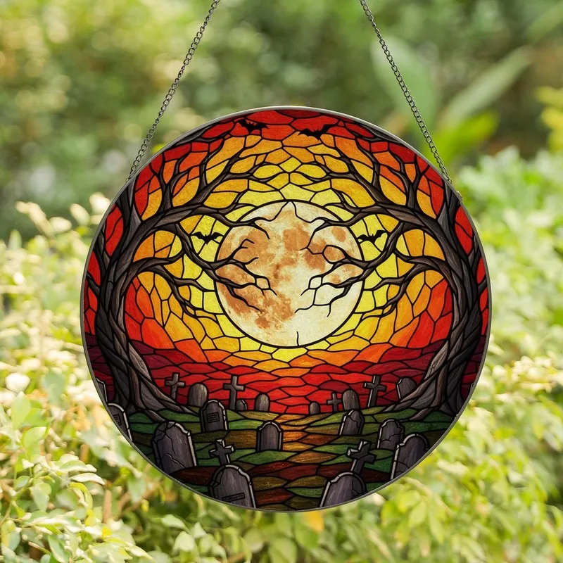 Gothic Art Enthusiasts' Tiffany Stained Glass Full Moon Spooky Graveyard Fiery Sunset Mosaic Stained Glass Suncatcher - 1