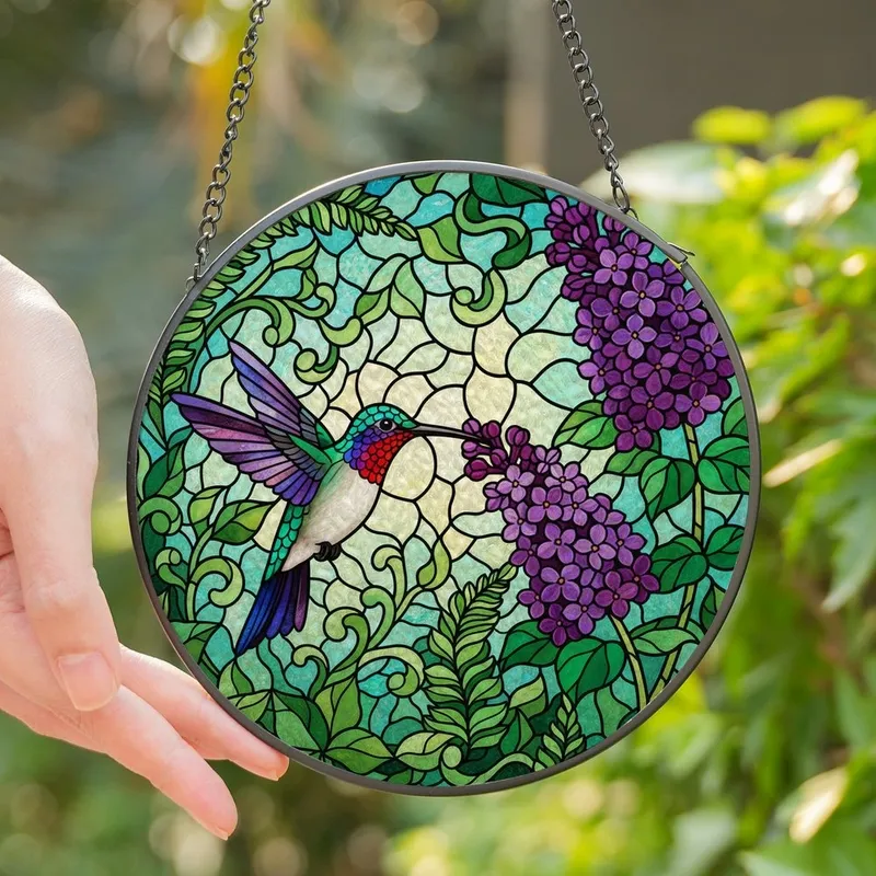 Nature Art Lovers' Tiffany Style Stained Glass Hummingbird & Lilac Flowers Emerald Green Ruby Red Sapphire Blue Intricate Mosaic Stained Glass Suncatcher - Z4sbhcC8eZ