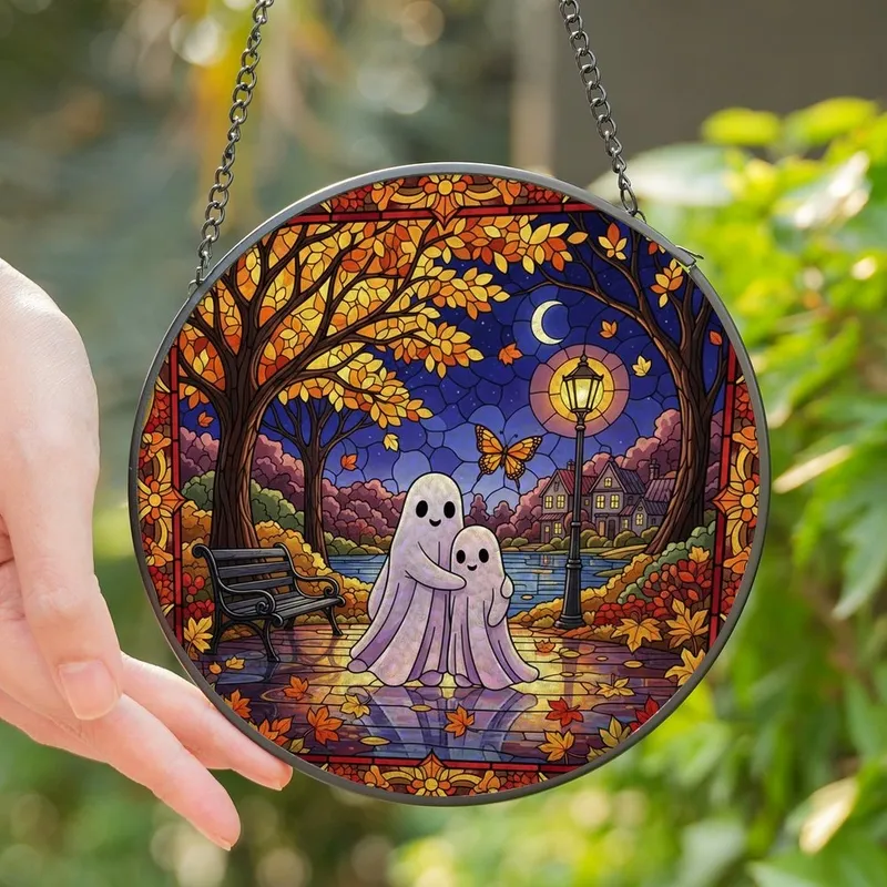 Whimsical Art Lovers Intricate Stained Glass Autumn Night Adorable Lavender Ghosts Violet Golden Orange Mosaic Stained Glass Suncatcher - 1