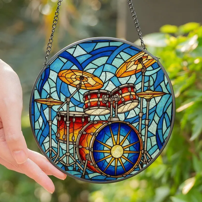 Drummers' Intricate Stained Glass Drum Set Mosaic Art Vivid Blue Orange Yellow Stained Glass Suncatcher - 1
