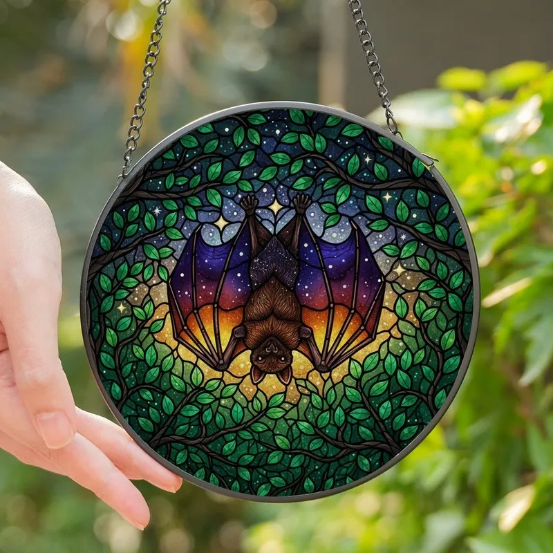 Mystical Art Admirers Deep Violet Amber Stained Glass Cosmic Bat Twilight Forest Mosaic Stained Glass Suncatcher - 1