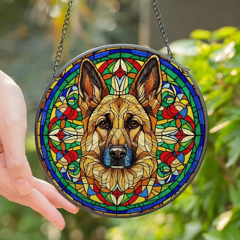 German Shepherd Owners' Majestic Stained Glass Portrait: Vibrant Jewel Tone Geometric Mosaic Stained Glass Suncatcher - 5RncU2E9ej