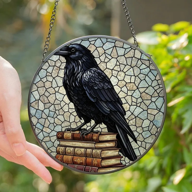 Art Lovers' Ornate Stained Glass Raven Vintage Books Jewel Tone Mosaic Pattern Stained Glass Suncatcher - 1