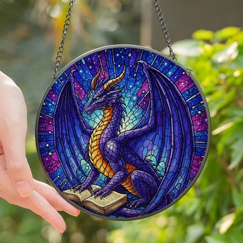 Fantasy Art Lovers' Intricate Tiffany Stained Glass Dragon Celestial Book Purple Blue Gold Nebula Stained Glass Suncatcher - 1
