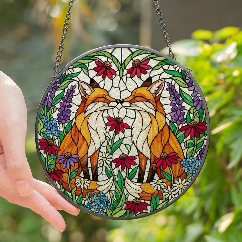 Romantic Souls' Vibrant Stained Glass Fox Heart Wildflower Mosaic Stained Glass Suncatcher - 1