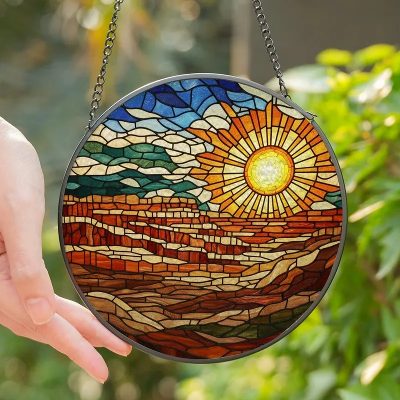 Art Enthusiasts' Intricate Stained Glass Canyon Mosaic Jewel Tones Edge-to-Edge Stained Glass Suncatcher - fIv8wW4PvX
