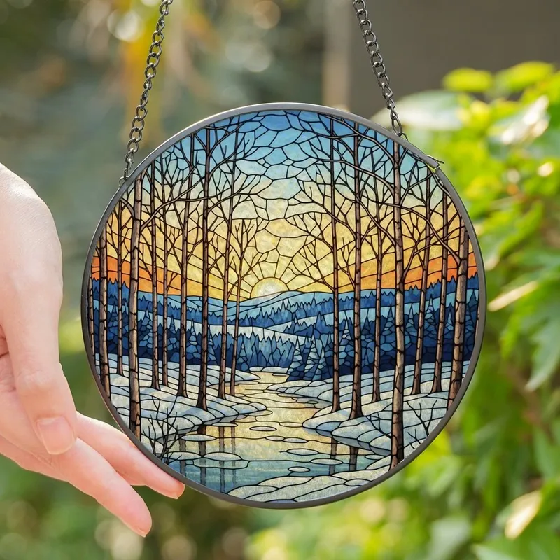 Winter Art Lovers' Intricate Stained Glass Winter Forest River Scene, Golden Orange Icy Blue Jewel Tones Stained Glass Suncatcher - 1