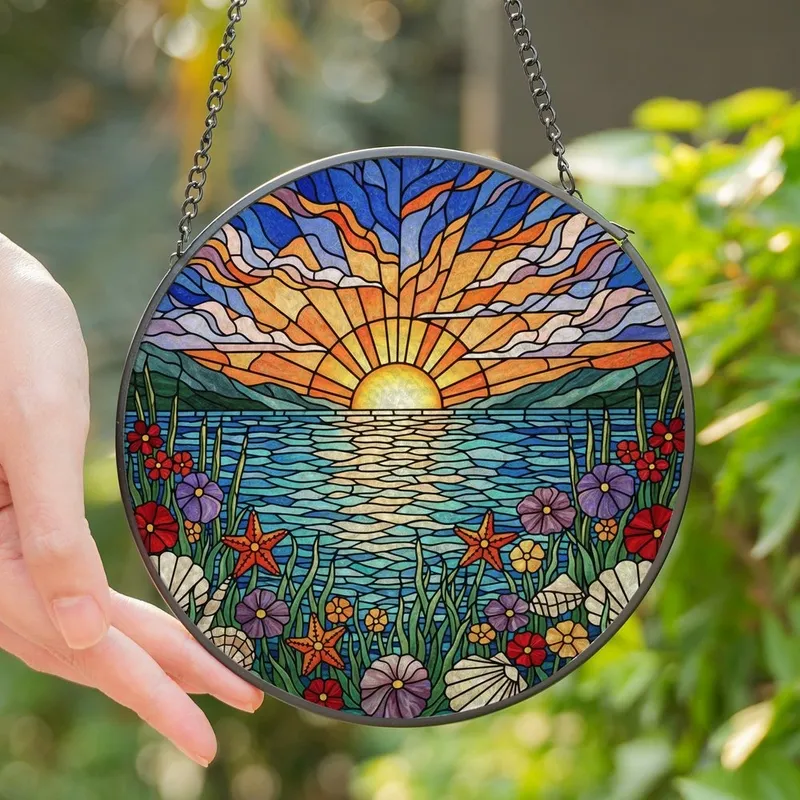 Nature Lovers' Tiffany Stained Glass Ocean Sunset, Vibrant Seashells, Blooming Flowers, Jewel Tones Stained Glass Suncatcher - 1