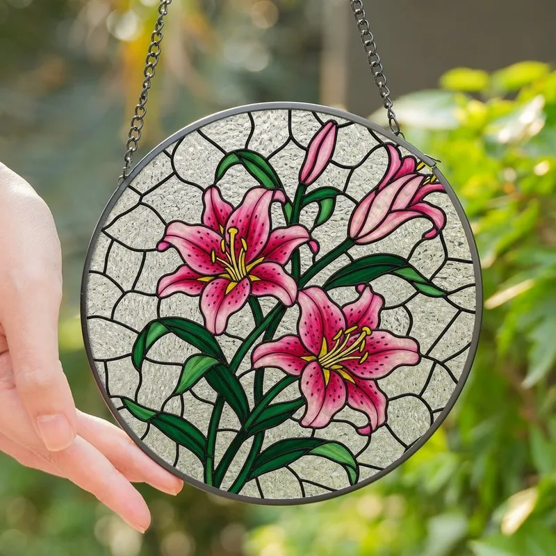 Botanical Art Lovers' Vibrant Stained Glass Fuchsia Pink Stargazer Lily Emerald Green Ripple Mosaic Stained Glass Suncatcher - 1