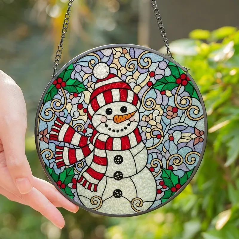 Festive Enthusiasts' Cheerful Snowman Stained Glass Mosaic, Holly Berries, Intricate Filigree, Jewel Tones Stained Glass Suncatcher - 1