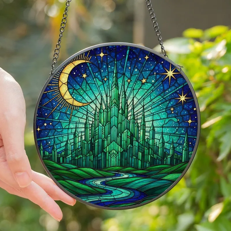 Fantasy Art Enthusiasts' Stained Glass Emerald City Skyline Golden Moon Deep Blue Green Jewel Tone Mosaic Stained Glass Suncatcher - uDe6XlVQdJ