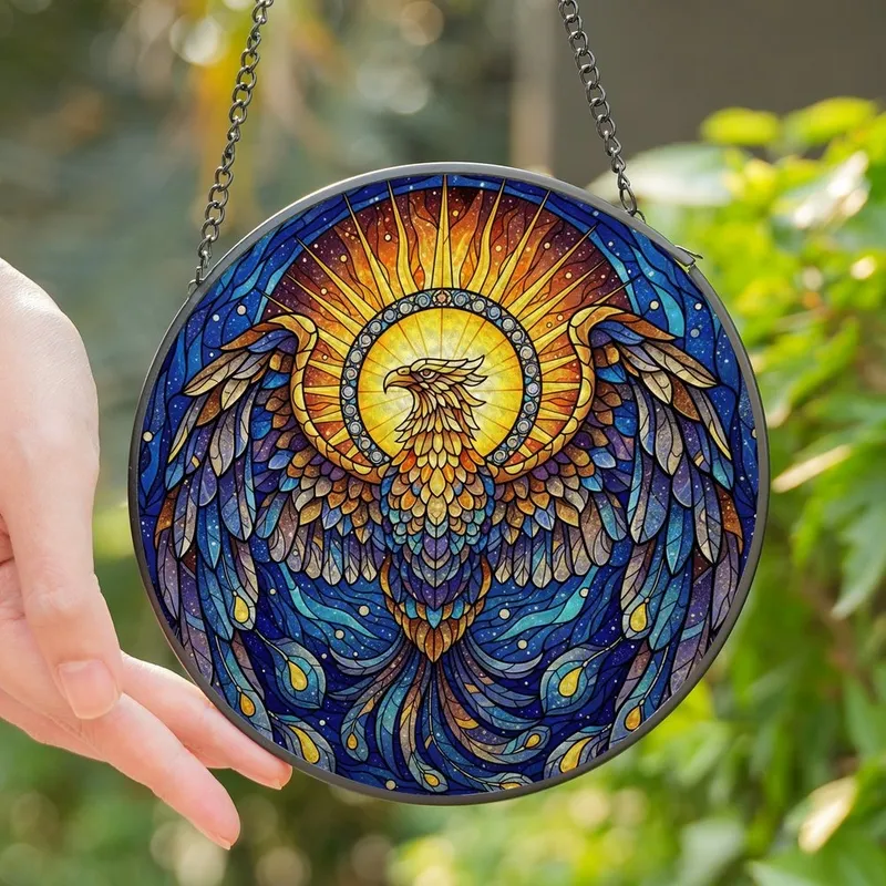 Art Lovers' Majestic Tiffany Stained Glass Cosmic Phoenix Eagle Radiant Golden Blue Purple Starfield Stained Glass Suncatcher - 1