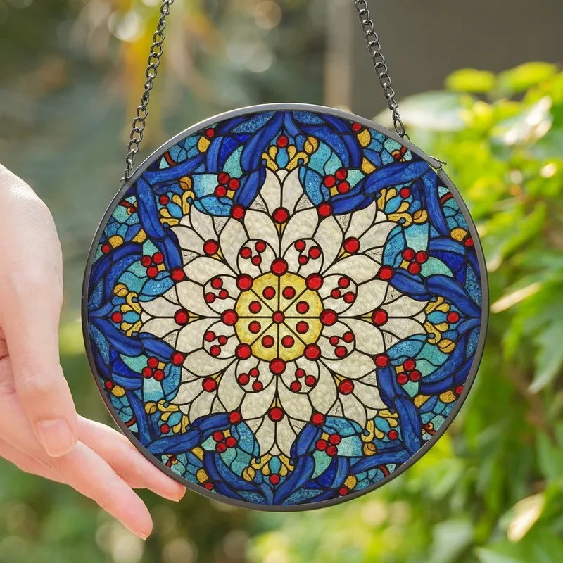 Art Lovers' Glowing Tiffany Stained Glass Floral Mandala Mosaic Deep Blue Red Gold Jewel Tones Stained Glass Suncatcher - 1
