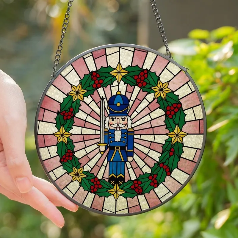 Holiday Enthusiasts' Tiffany Style Stained Glass Nutcracker Holly Wreath Design Stained Glass Suncatcher - 1