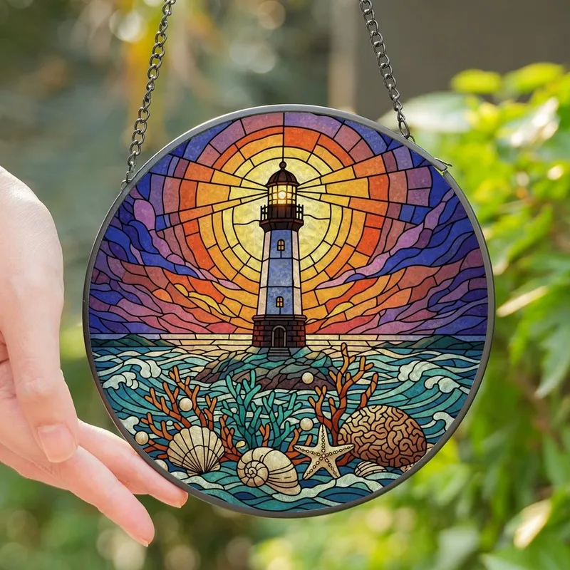 Coastal Art Enthusiasts' Tiffany Style Stained Glass Lighthouse Seascape, Glowing Coral, Jewel Tones, Moon Stained Glass Suncatcher - P8TgoICeJR