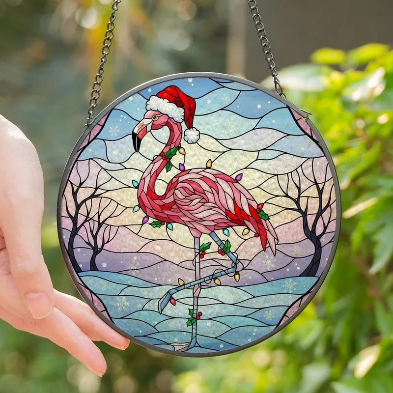 Holiday Art Collectors' Tiffany Stained Glass Flamingo Santa Hat Rose Pink Emerald Green Winter Mosaic Stained Glass Suncatcher - 1