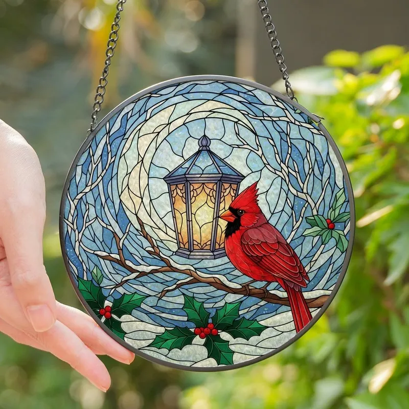 Nature Lovers' Vibrant Red Cardinal Stained Glass Winter Lantern Holly Mosaic Art Stained Glass Suncatcher - 1