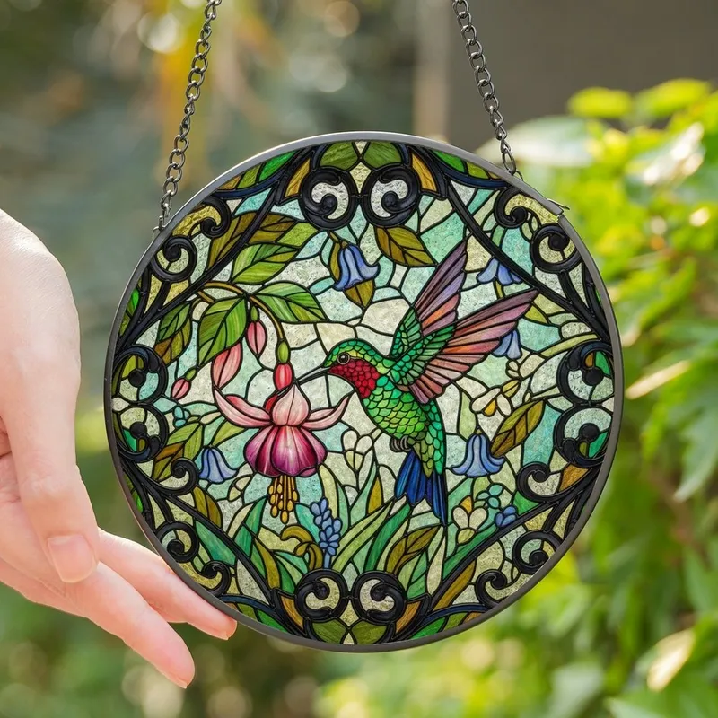 Nature Lovers' Vibrant Emerald Rose Stained Glass Hummingbird Fuchsia Floral Mosaic Design Stained Glass Suncatcher - 1