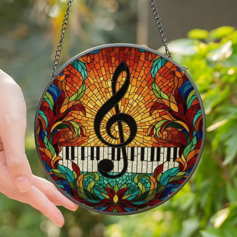 Music Lovers' Tiffany Stained Glass Treble Clef Piano Keyboard Radiant Jewel Tone Mosaic Pattern Stained Glass Suncatcher - 1