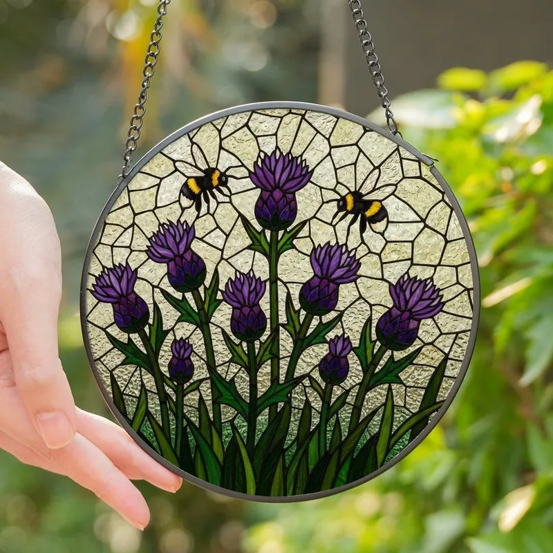 Nature Lovers' Vibrant Purple Thistle & Bumblebee Tiffany-Style Stained Glass Mosaic Stained Glass Suncatcher - 1