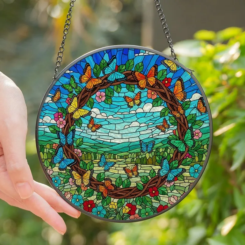Nature Lovers' Radiant Tiffany Stained Glass Butterfly Wreath Mosaic Blue Sky Orange Yellow Green Pink Jewel Tones Stained Glass Suncatcher - 1