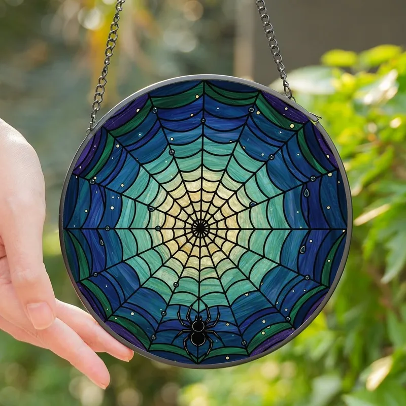 Art & Fantasy Lovers Tiffany Stained Glass Spiderweb Black Spider Moonlit Sky Sapphire Emerald Amber Jewel Tones Stained Glass Suncatcher - 1