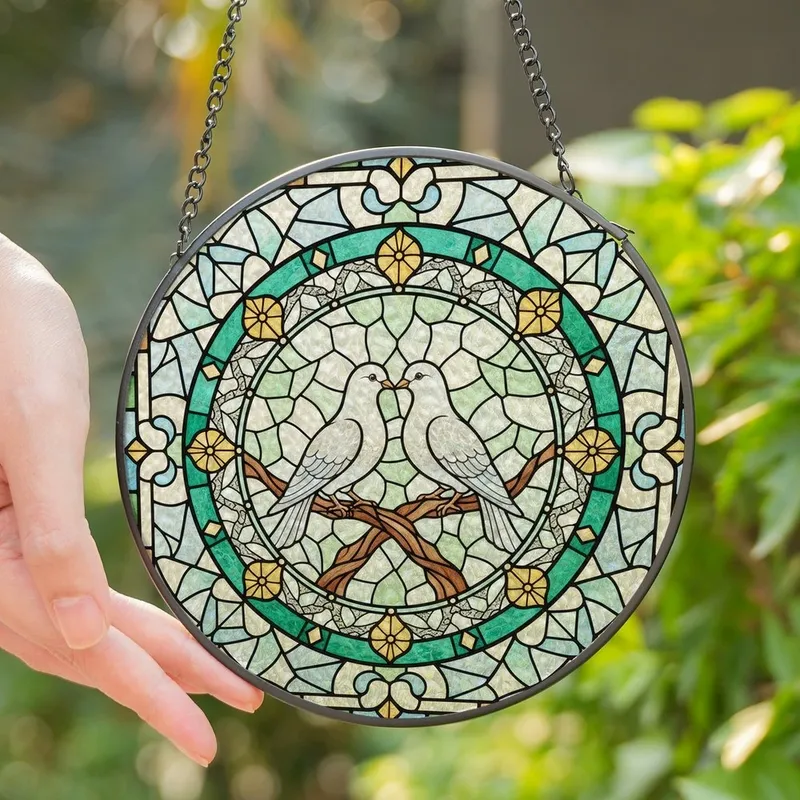 Art Enthusiasts' Elegant Stained Glass Style Doves on Branch Intricate White Blue Green Gold Floral Mosaic Stained Glass Suncatcher - JvmD3fKgvm