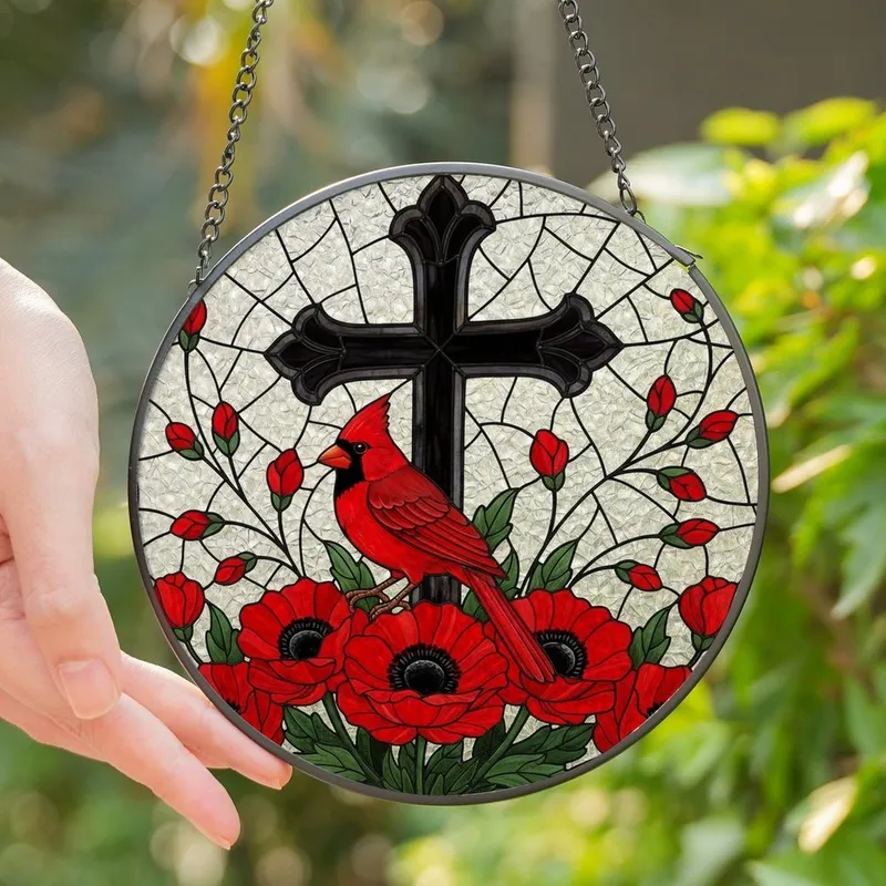 Art & Nature Lovers Vibrant Stained Glass Red Cardinal Poppy Cross Crackle Mosaic Art Stained Glass Suncatcher - lp7mgrqsql