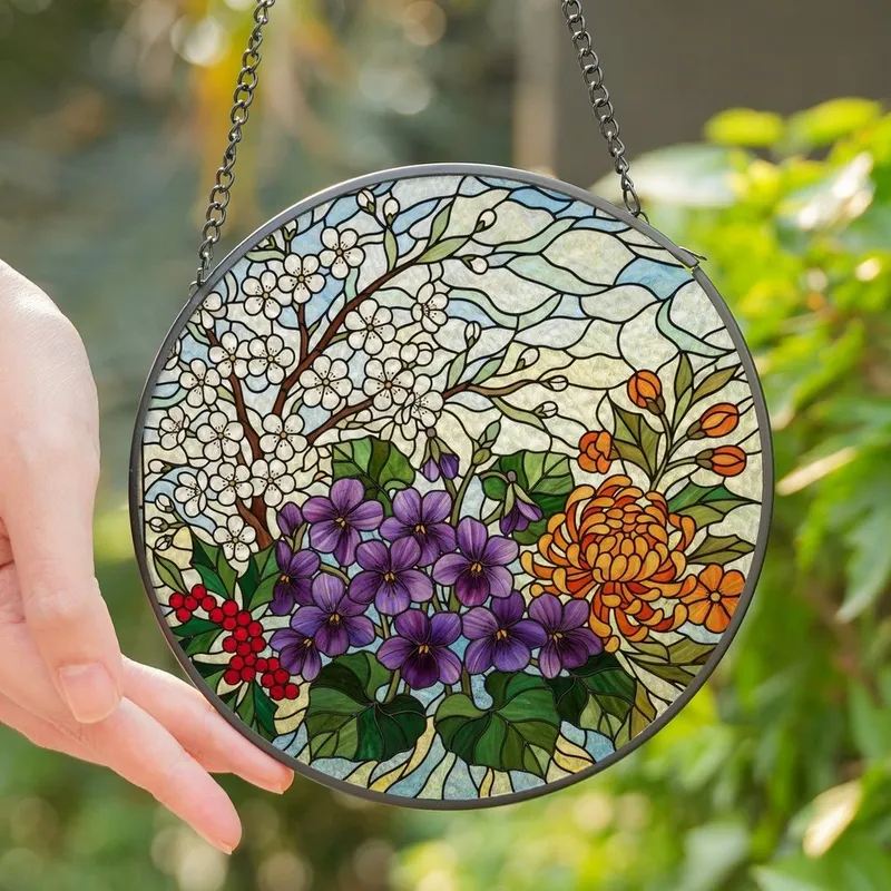 Art Lovers' Vibrant Tiffany Glass Botanical Mosaic Purple Violets Cherry Blossoms Chrysanthemum Jewel Tones Stained Glass Suncatcher - 1