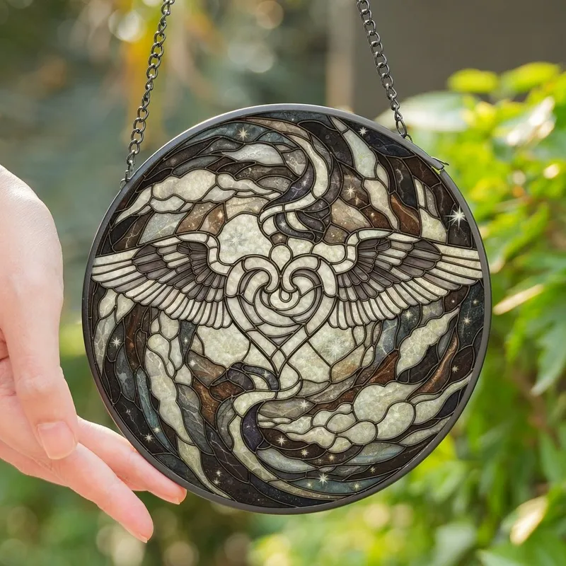 Dreamy Romantics' Opalescent White Smoky Grey Tiffany Winged Heart Celestial Mosaic Stained Glass Suncatcher - 1
