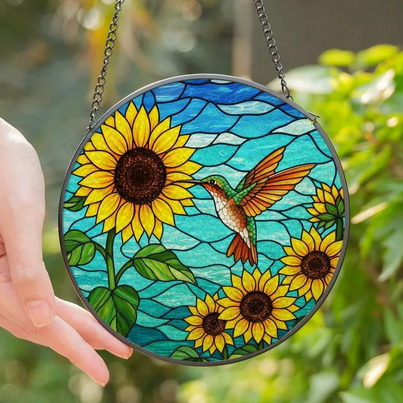 Nature Lovers' Vibrant Tiffany Stained Glass Hummingbird Sunflower Mosaic Blue Teal Orange Green Stained Glass Suncatcher - 1