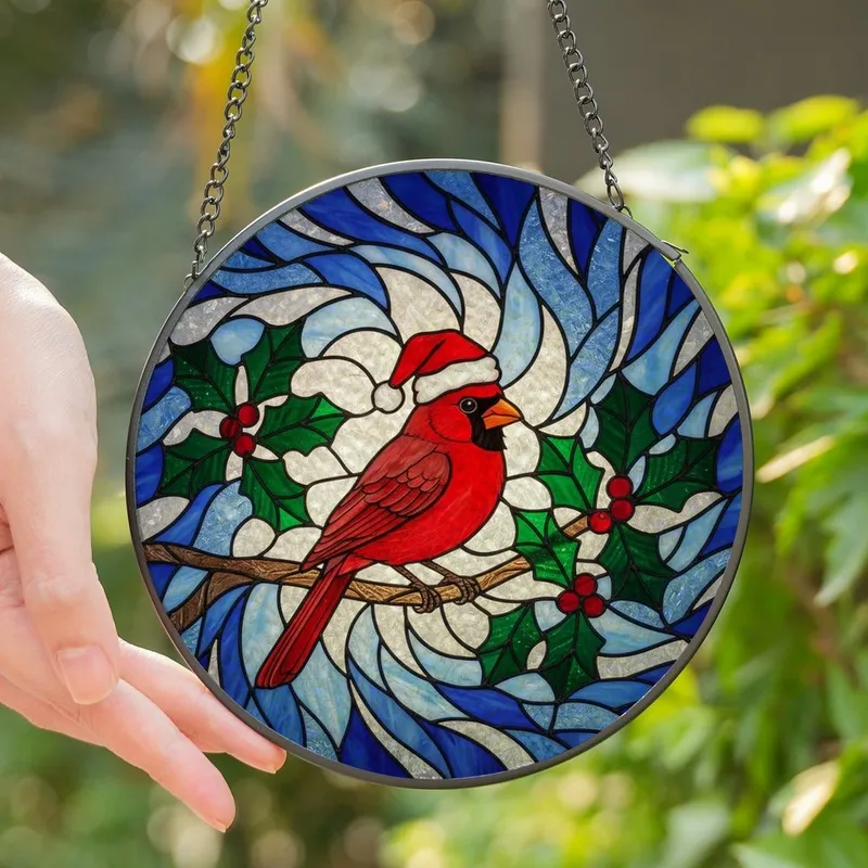 Holiday Art Lovers' Tiffany Style Stained Glass Cardinal with Santa Hat, Crimson Blue Cream Intricate Geometric Mosaic Stained Glass Suncatcher - YmvUICRhBV