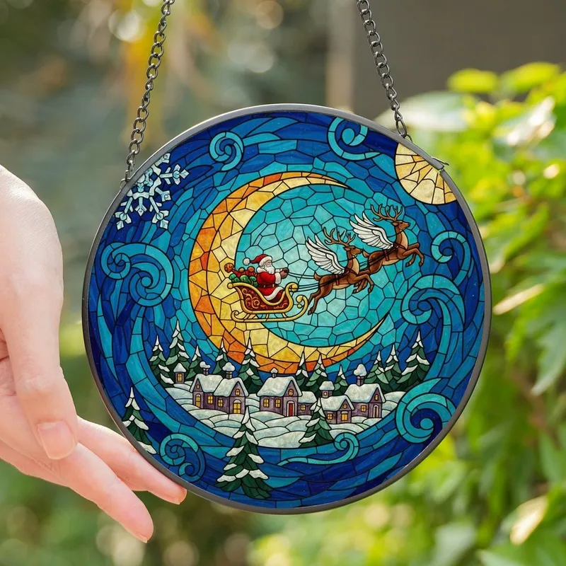 Holiday Enthusiasts' Tiffany Stained Glass Santa's Sleigh Flight, Jewel-Toned Winter Village & Crescent Moon Sky Stained Glass Suncatcher - YUQAyZlotb
