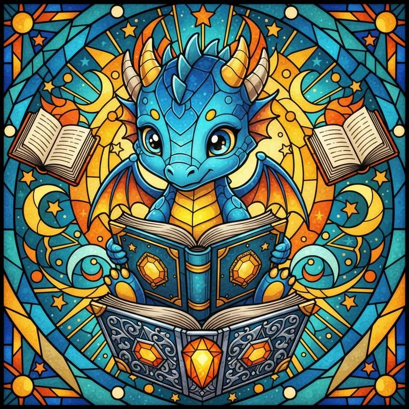 Fantasy Readers & Dragon Art Lovers' Chibi Dragon Reading Stained Glass Tiffany Blue Orange Geometric Mosaic Stained Glass Suncatcher - 1