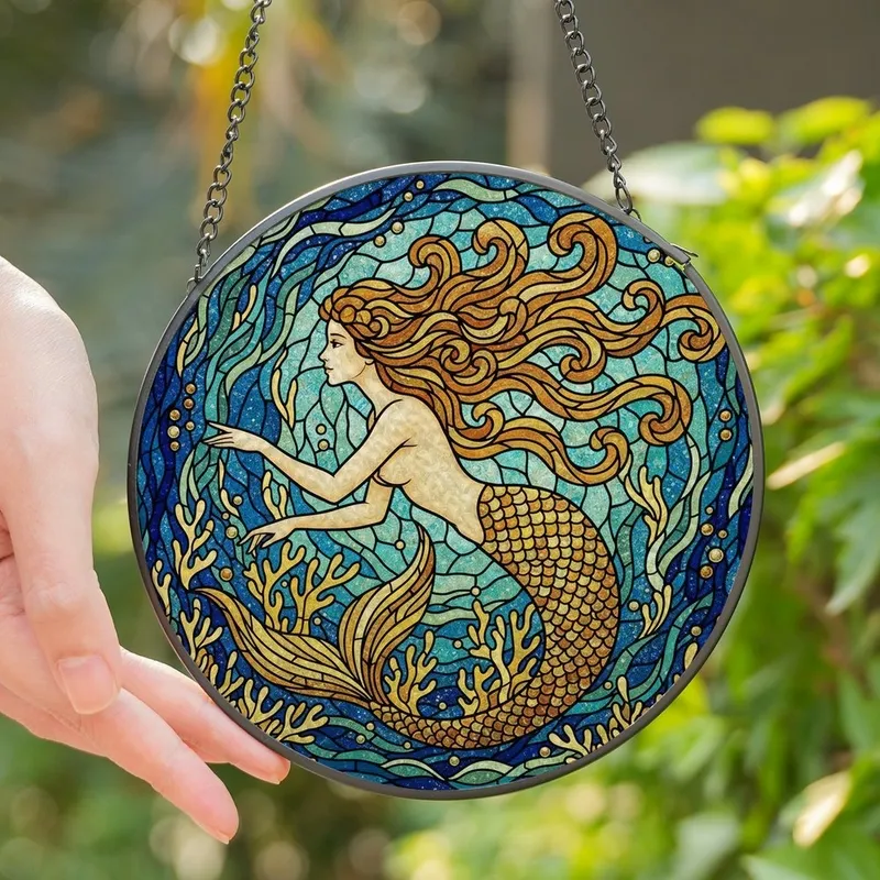 Women's Stained Glass Mermaid Ocean Waves Coral Tiffany Style Intricate Jewel Tones Stained Glass Suncatcher - wwmL_Pw_Pl