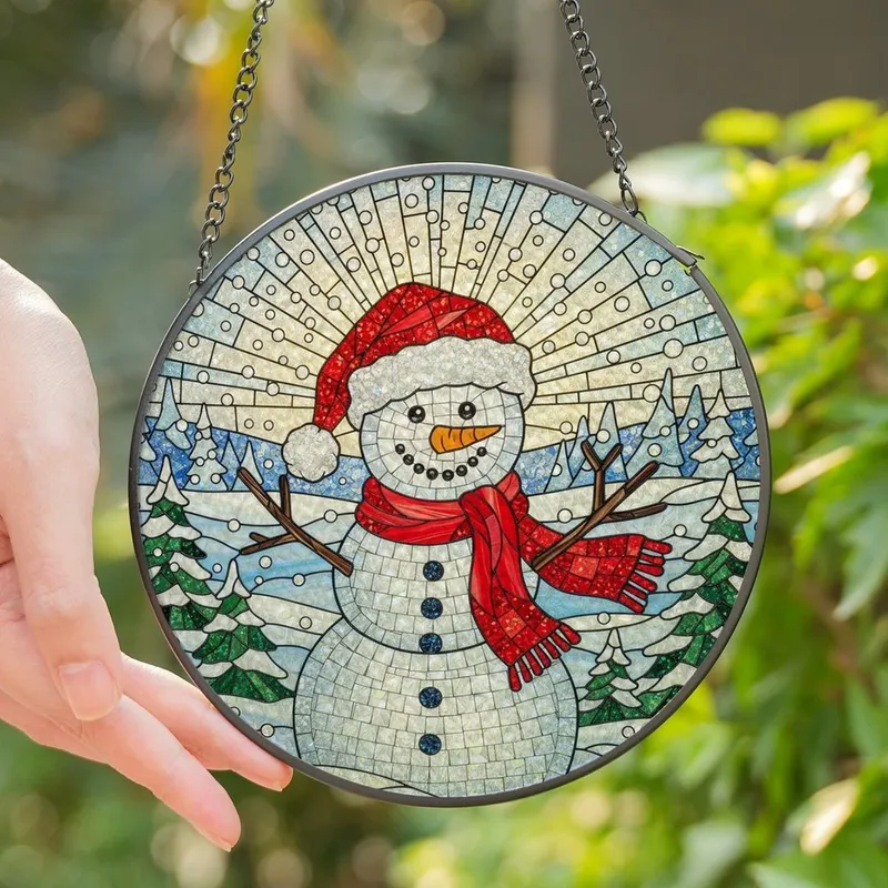 Winter Lovers' Tiffany Style Stained Glass Snowman Mosaic, Vibrant Reds, Icy Blue Winter Landscape Stained Glass Suncatcher - 1