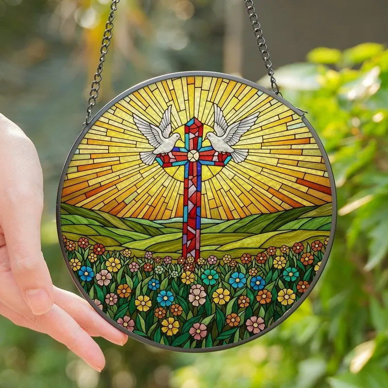 Spiritual Art Lovers' Vibrant Tiffany Stained Glass Cross Doves Sunburst Meadow Stained Glass Suncatcher - rsgpg_gBTU