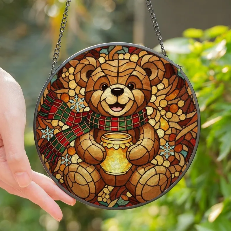 Holiday Decor Lovers' Tiffany Style Stained Glass Teddy Bear Glowing Honey Pot Red Green Jewel Tones Stained Glass Suncatcher - 1