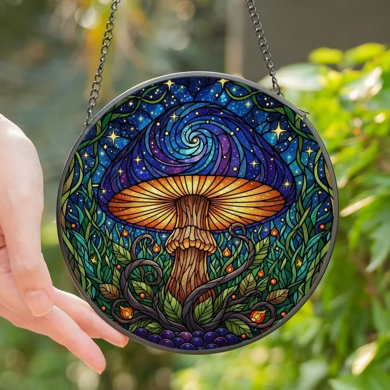 Fantasy Art Lovers' Cosmic Stained Glass Mushroom Galaxy Cap Mystical Forest Jewel Tone Mosaic Stained Glass Suncatcher - rNX03v5BSa