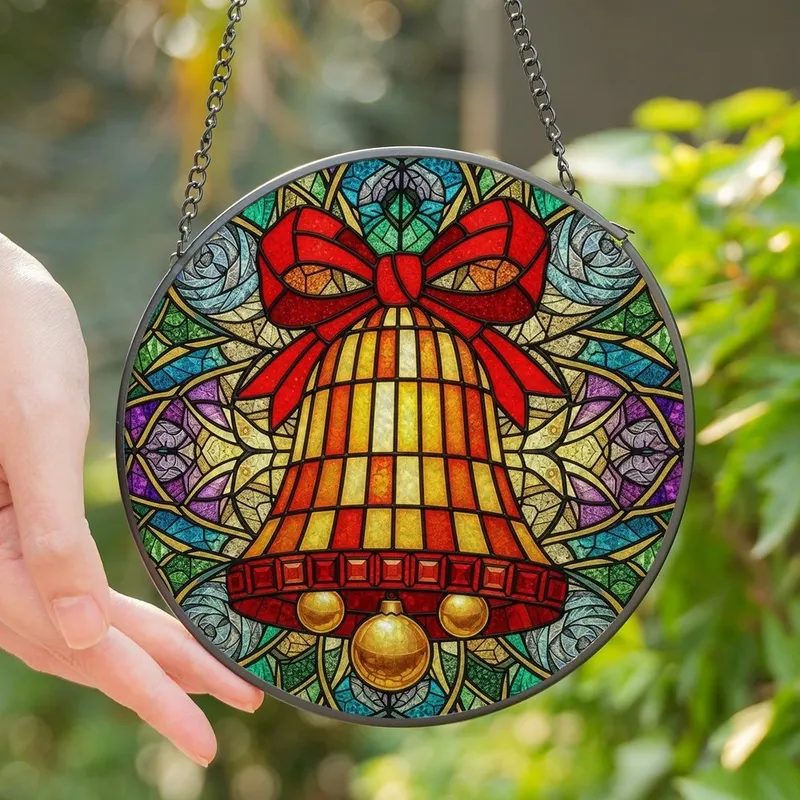 Holiday Art Enthusiasts' Tiffany Stained Glass Christmas Bell Ruby Red Golden Yellow Sapphire Blue Pattern Stained Glass Suncatcher - 1