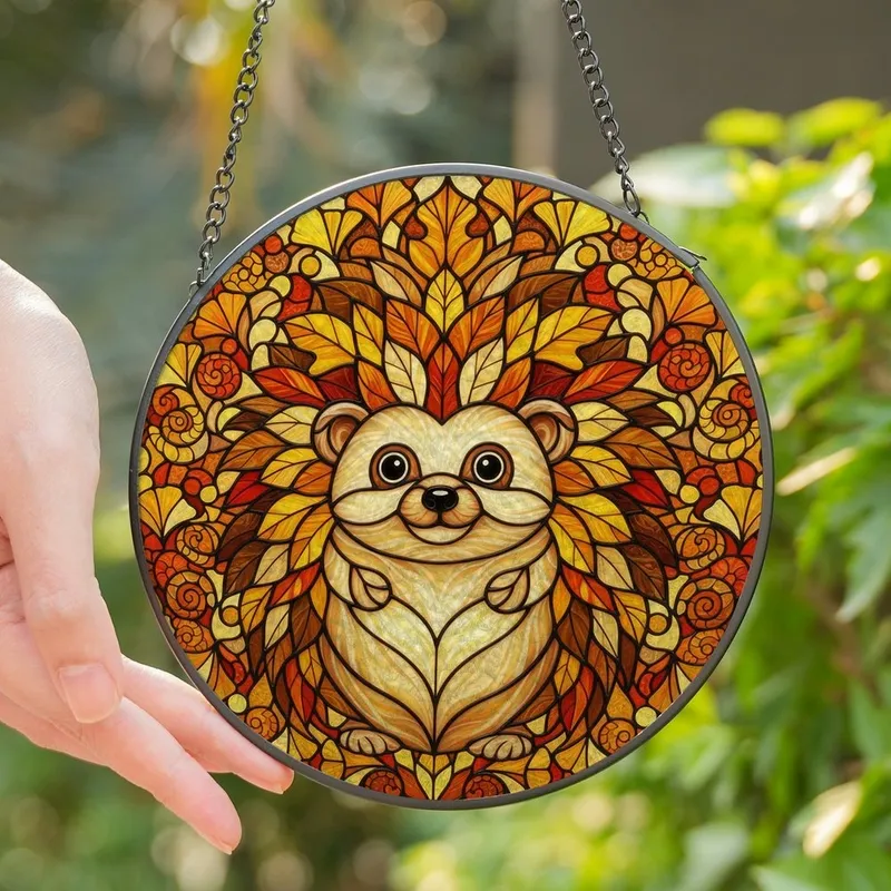 Animal Lovers' Whimsical Hedgehog Tiffany Glass Autumnal Jewel Tone Mosaic Pattern Stained Glass Suncatcher - 1