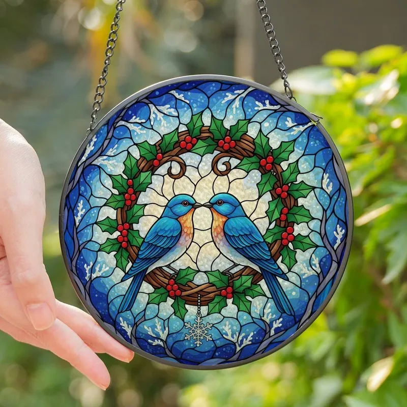 Holiday Art Lovers' Jewel-Tone Tiffany Stained Glass Bluebirds Holly Winter Wreath Stained Glass Suncatcher - 1eoRNzbmDs
